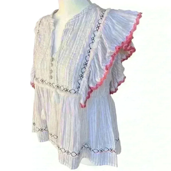 Lovestitch Boho Women’s Blouse Multicolored Striped Tie Keyhole Ruffles Cotton S - Picture 2 of 8